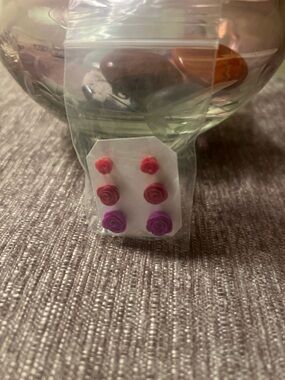 Hand Crafted Set of 3 Pairs Rose Stud Earrings - Pink, Magenta, Purple